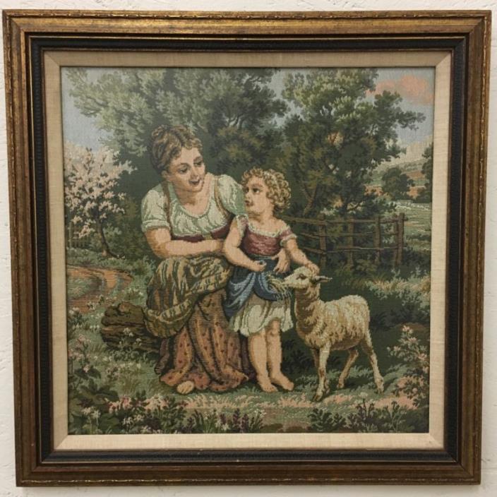 Vintage Victorian Mother Child Lamb Needlepoint Petit Point Tapestry Framed