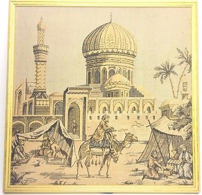Completed Needlepoint Panel Cairo Egypt Islamic Mosque Camel Market Antique Rare