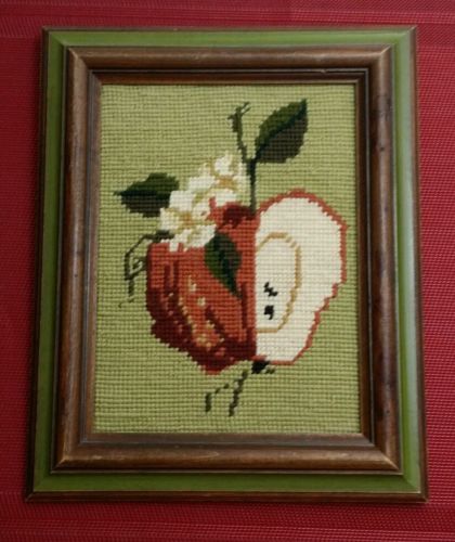 Vintage Framed 1973 Completed Needlepoint Art Apple Retro Colors Green Browns