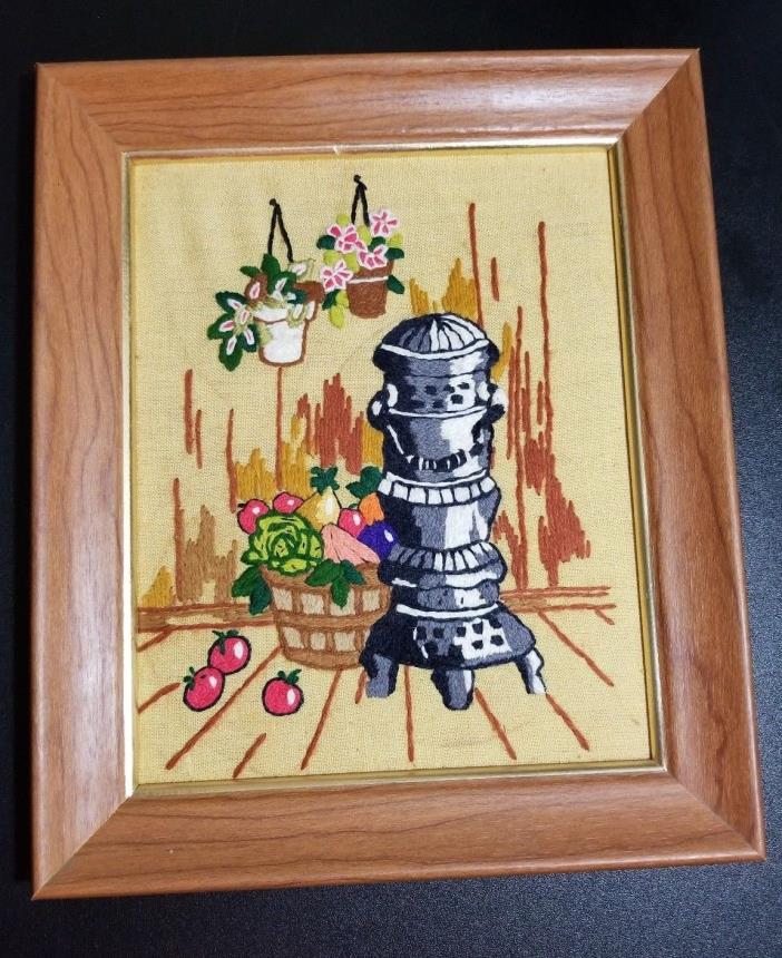 VTG FRAMED WOOD STOVE FLOWER FRUIT HAND STITCHED EMBROIDERY NEEDLEPOINT PICTURE