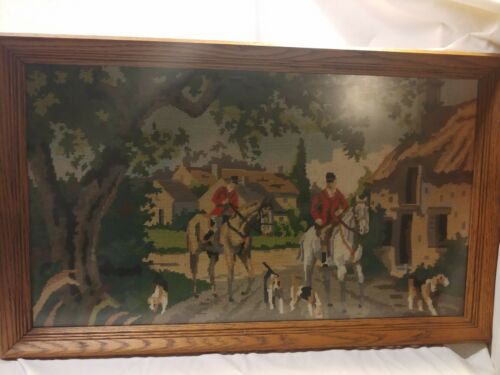 Vintage Equestrian Fox Hunt Needlepoint complete framed 18x30