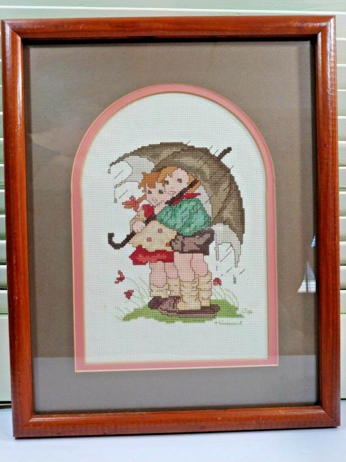 Vtg Cross Stitch Needlepoint Finished Matted Framed Hummel Picture Wall Decor