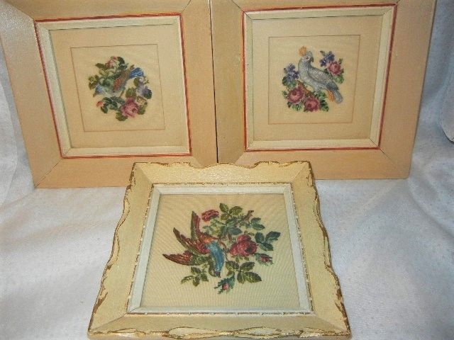 VINTAGE 1950's NEEDLEPOINT BIRD PICTURES LOT OF THREE FRAMED BEAUTIFUL CANADA