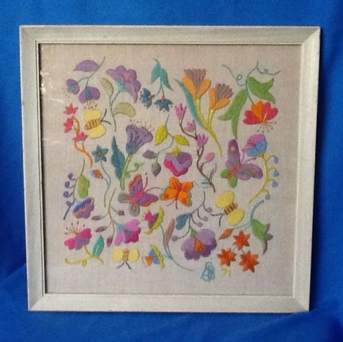Vintage 1971 Framed Flowers & Butterflies Crewel Embroidery Picture Boho Decor