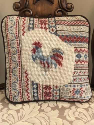 Vintage Multi Color Needle Point Finished Canvas Rooster Throw Pillow 9.5