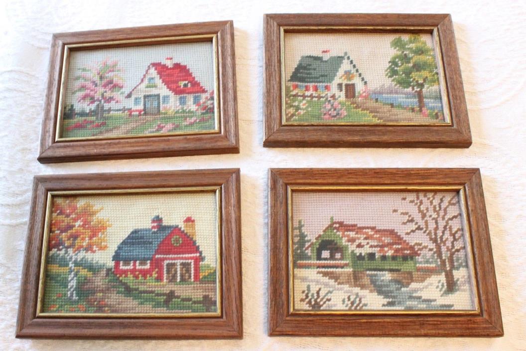 Vintage Needlepoint Pictures 4 Seasons Homestead Landscape Scenes