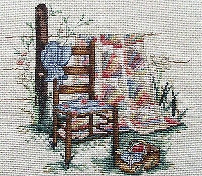 COUNTED CROSS STITCH Leisure Arts  BLUE BONNET Fan quilt on fence matted framed