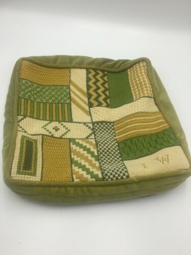 Vintage Wool Needlepoint Finished Pillow Cover Square MOD MCM Green Velvet Zip