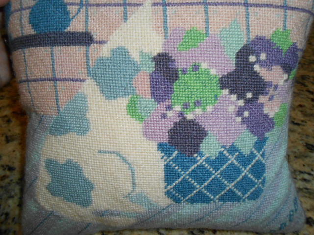 Vintage Blue Pink Purple Needlepoint Pillow Cushion Completed Pillow Calico Cat