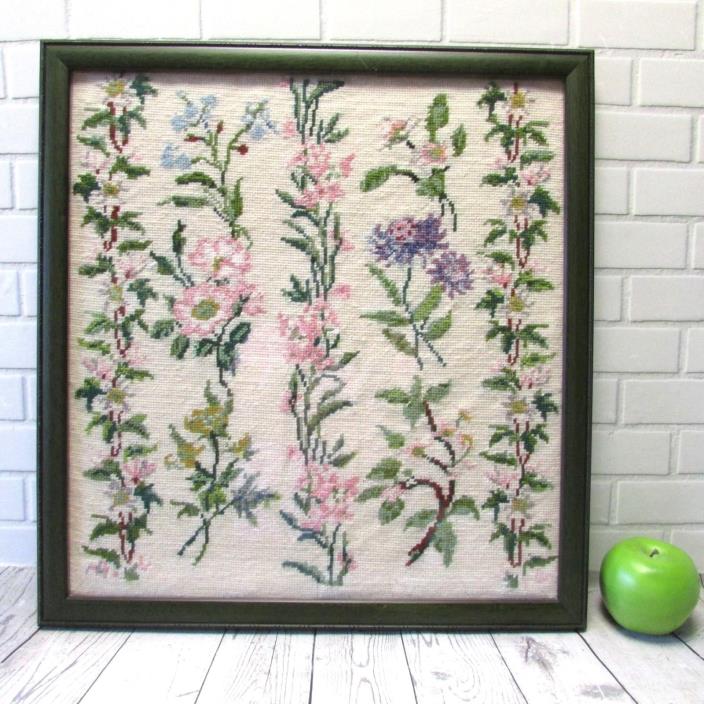 Finished Needlepoint Spring Flowers Green Frame Glass Floral Wall Hanging