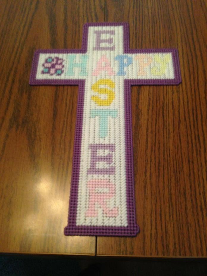 HANDMADE PLASTIC CANVAS  HAPPY EASTER CROSS FINISHED COMPLETED ITEM