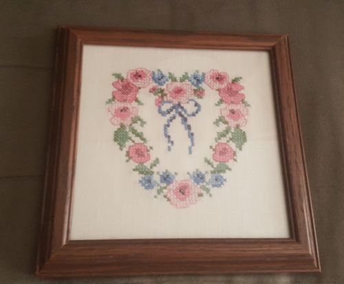 Vintage needlepoint cross stich heart • pink flowers  blue bow • framed wall art