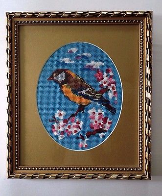 Vtg. Framed Needlepoint Art - Hungary - Bird Oriole on Flowering Branch