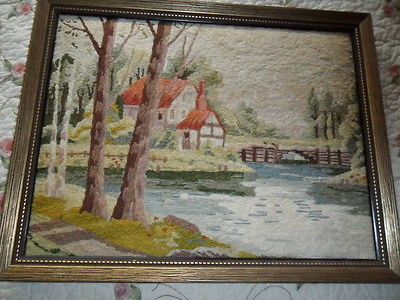 VINTAGE SILK PUNCH NEEDLEWORK PICTURE -HOUSE/BRIDGE SCENE -17 X 13.5
