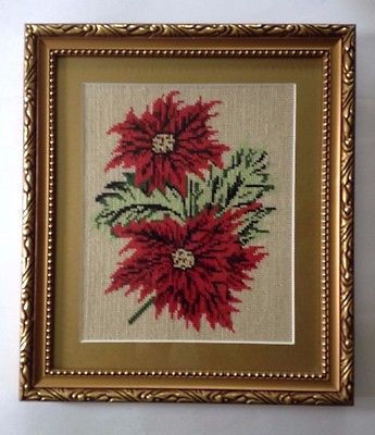 Stunning Framed Needlepoint Art - Hungary - Red Poinsettia Flowers Christmas