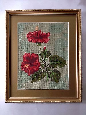 Stunning Framed Needlepoint Art - Hungary - Red Flowers