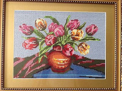 Gorgeous Framed Needlepoint Art Hungary - Pink Yellow Red TULIPS Floral Bouquet