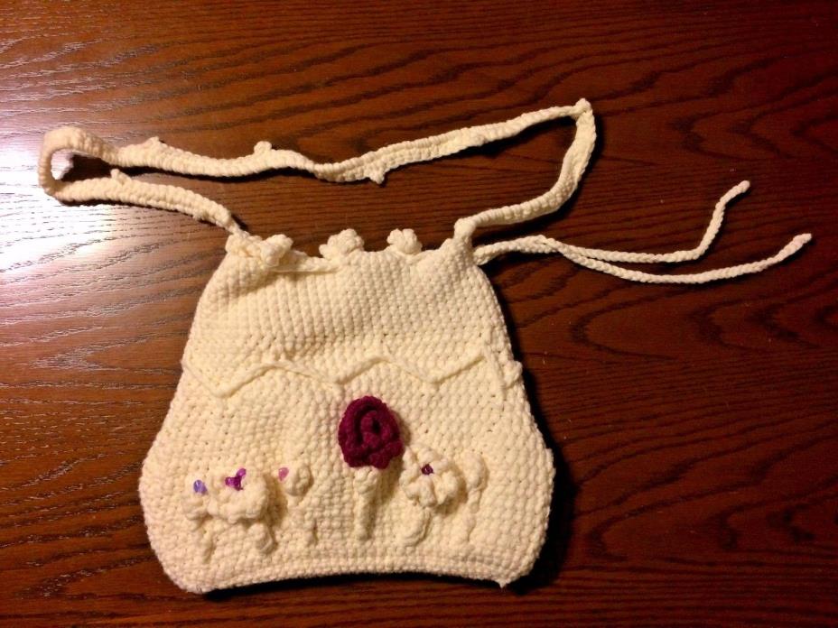 HAND KNIT white DRAWSTRING PURSE