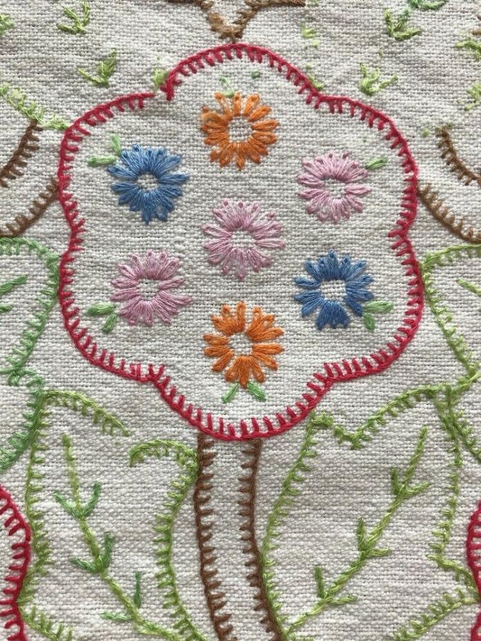 Vintage Hand Embroidered Linen Scraps Bright Blanket Stitch Flowers