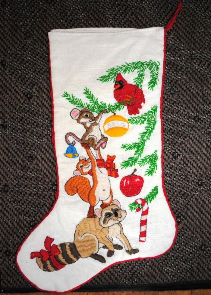 Vtg 1982 Finished Dimensions ANIMALS TRIMMING TREE STOCKING Crewel Embroidery