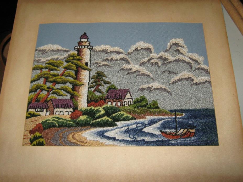 Vtg LIghthouse Landscape Picture Stump Work Punch Needlework Ocean Sea Shoreline