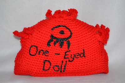 Crocheted Beanie Hat abstract Rock Band One Eyed Doll Unique Red Yarn OED eye