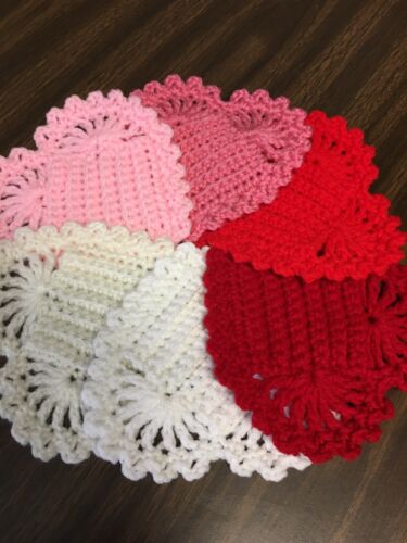 NEW HANDMADE lot of 6 crochet Valentines hearts coasters acrylic Red Heart yarn