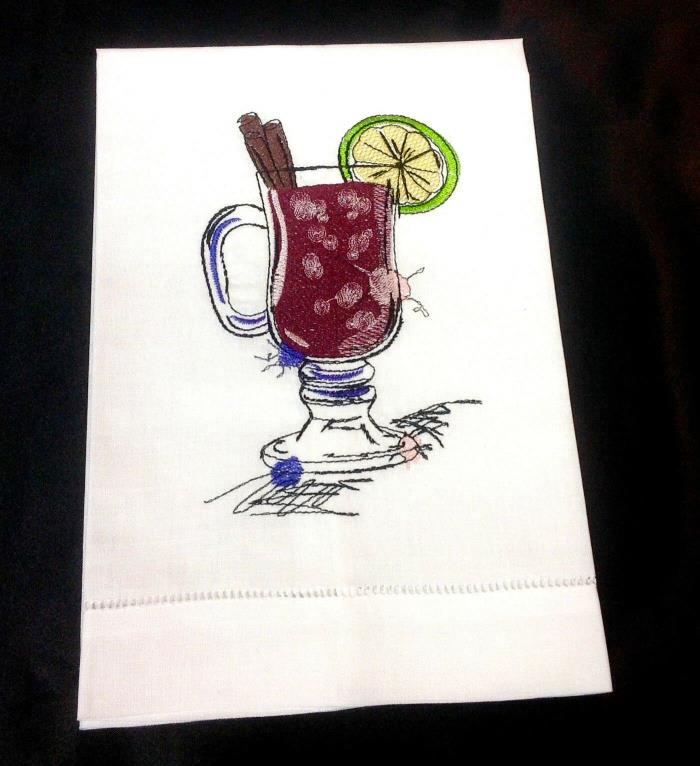 Linen Hand Towel W/ Embroidered Mulled Wine Glass FREE SHIPPING