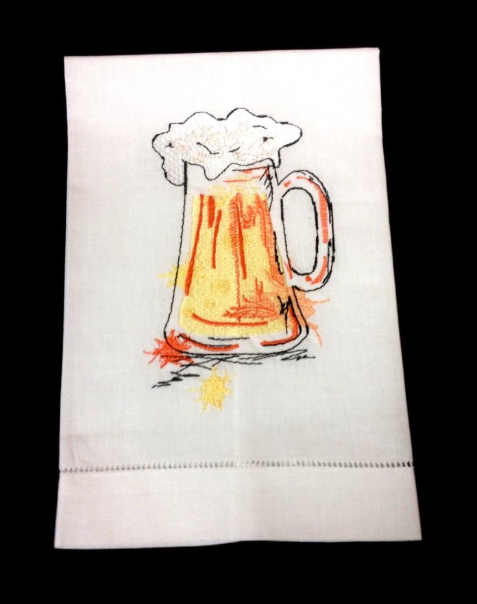 Linen Hand Towel W/ Embroidered  Mug of Beer Design FREE SHIPPING