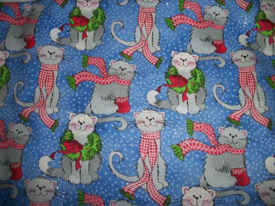 Set of 2 Chirstmas Kitties on Light Blue Cotton Pillowcases! New! Handmade!