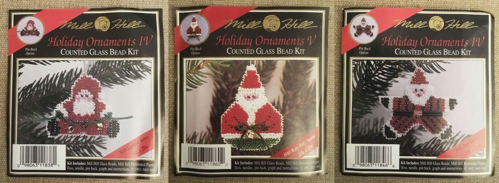 Lot 3 Mill Hill Holiday Ornaments Counted Glass Bead Kits Santas H45 H38 H60 NIP