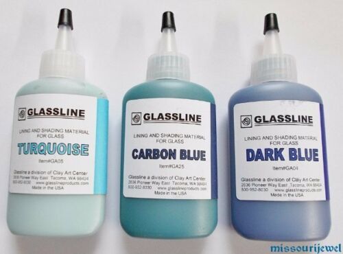 Glassline 'Shades of Blues' Fusing Glass Paints -Turquoise, Carbon & Dk Blue Set