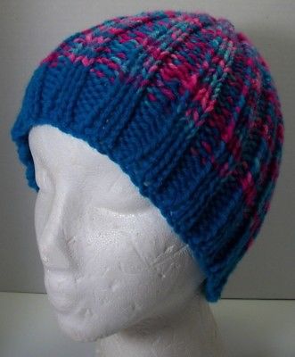 Hand knit womens beanie style hat blue w/pink & blue variegated