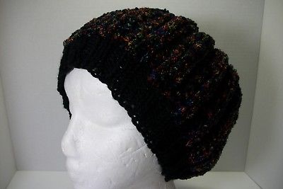 Hand knit womens slouch style hat black w/multi colors