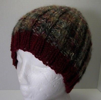 Hand knit womens beanie style hat burgundy w/burgundy, green variegated