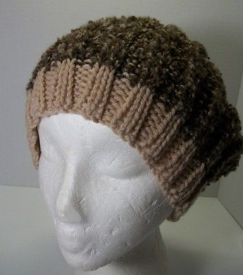 Hand knit womens slouch style hat tan w/brown variegated