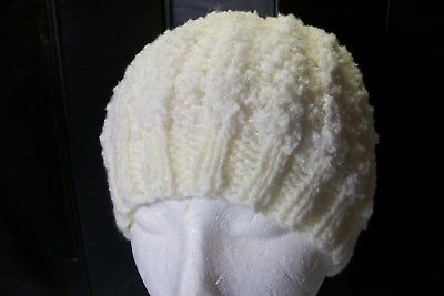 Hand knit womens beanie style hat off white