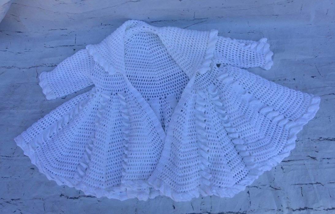 Vintage Hand Made Knitted Girls hood collar sweater long cardigan dress white