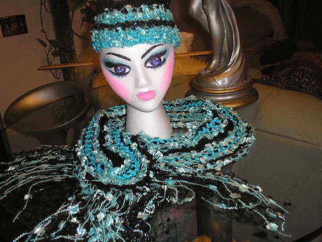 HAND CROCHET HAT AND SCARF .  MIX OF RIBBONS AND YARNS.   DESIGN BY GALINA