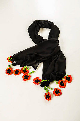 Donate Blind Cat Rescue - Black Chiffon Scarf with Hand Crochet Floral work