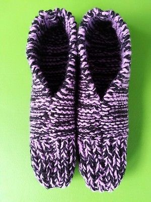 Women's Large Hand Knit Slippers - Light Purple and Black - knit with 2 strands