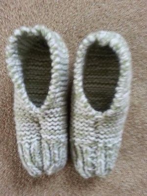 Women's Large Hand Knit Slippers - Light Green & White - knitted with 2 strands