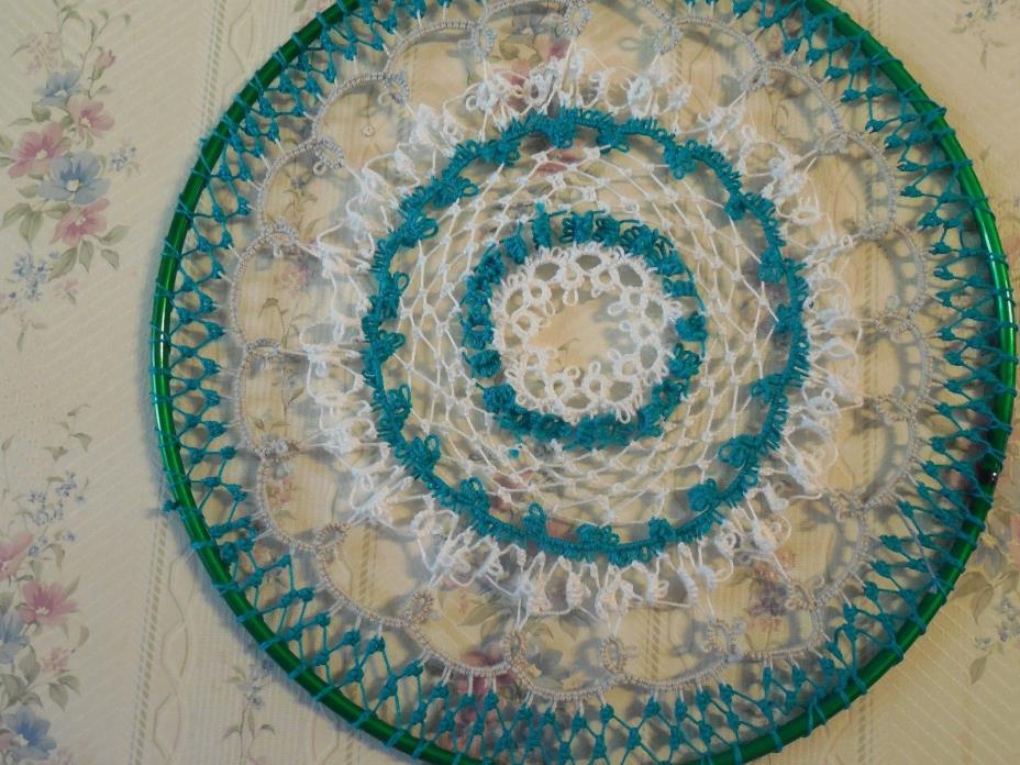 DOVE COUNTRY Tatted Suncatcher Dreamcatcher Wall Art Tatting Teal White Gray