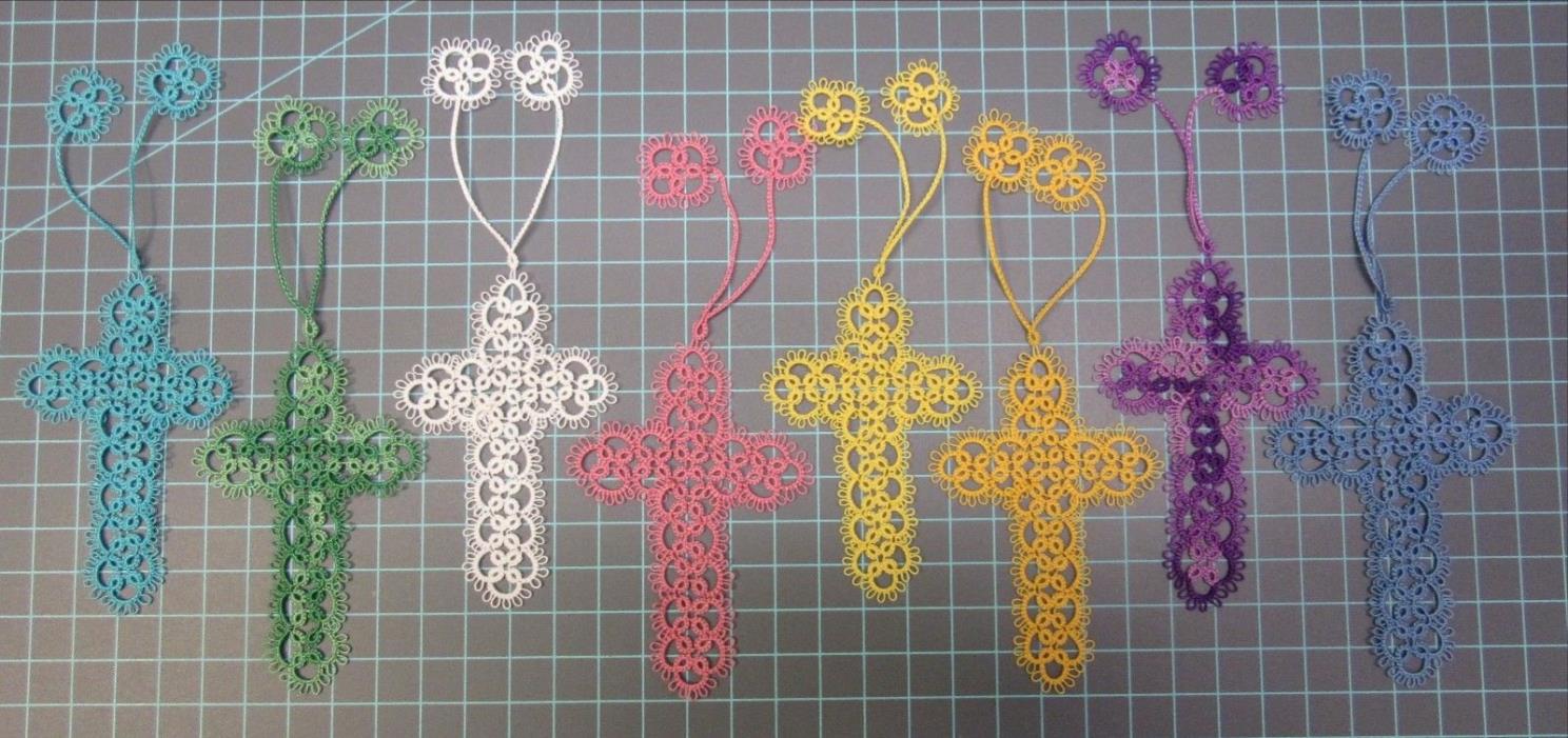 ONE Hand Tatted CROSS Bookmark - Shuttle Tatting - Crosses blue pink white green