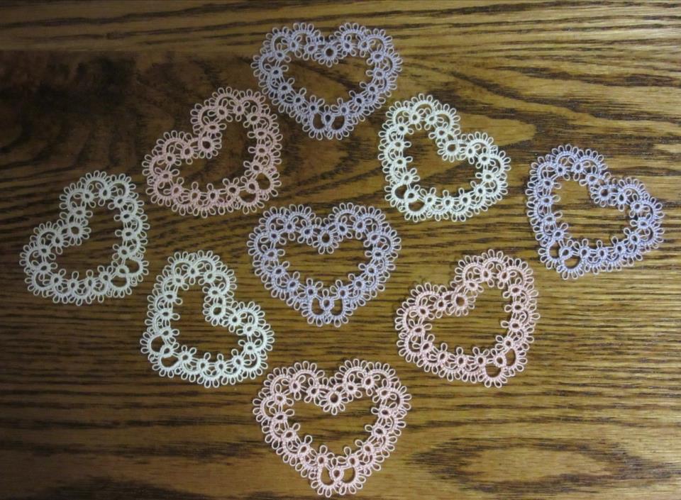 ONE Tatted Heart Shuttle Tatting Valentine Open Hearts White Pink Lavender