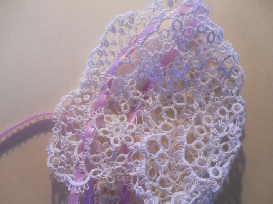 Tatted Baby Bonnet White with Lilac Ribbon by Dove Country Tatting