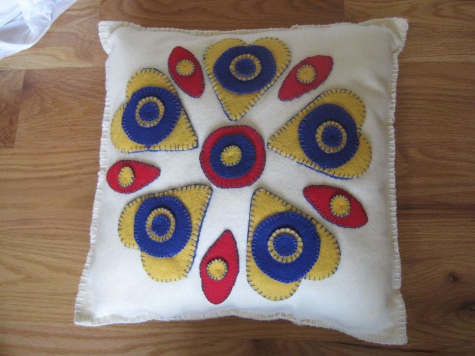 Folk Art Handmade Felted Wool Pillow Red Yellow Blue Cream Hearts 16
