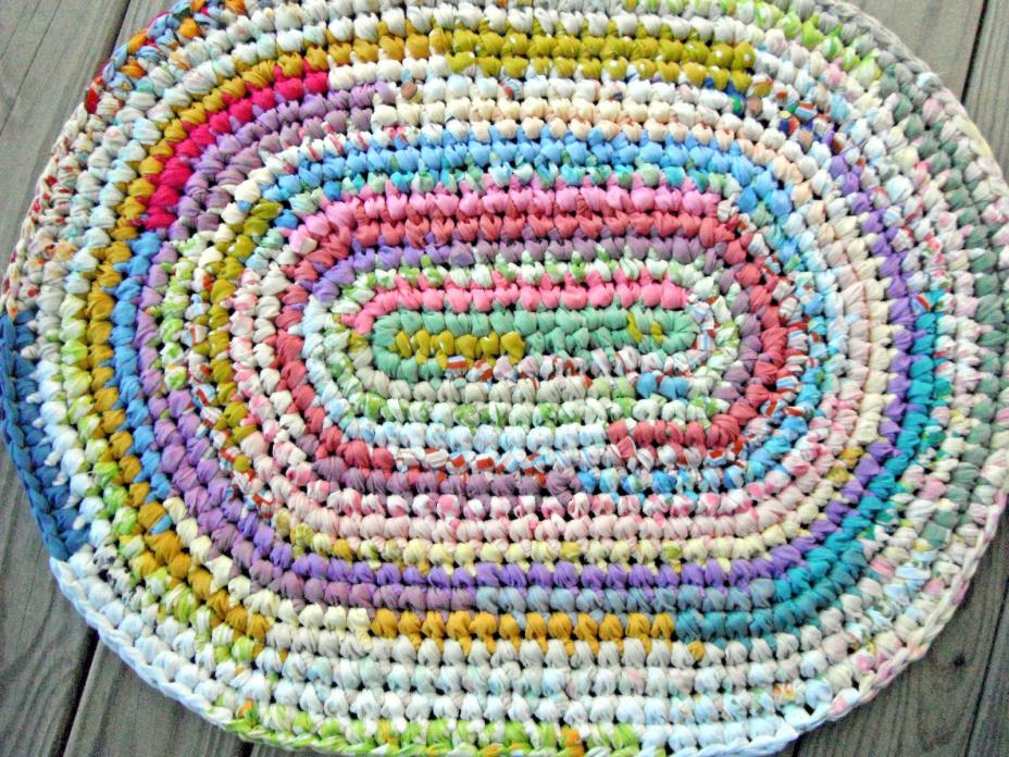 Handmade~ Crochet Oval Rag Rug~Multi-colors~Bright~Floor Decor~Patchwork