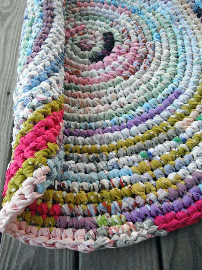 Handmade~ Crochet Round Rag Rug~Brights~Multi~Primitive~Floor Decor ~Patchwork