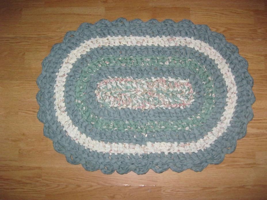 FABRIC RAG RUG OVAL - 3 Prints - MistyGreen Solid - Hand Crochet - Wachine Wash